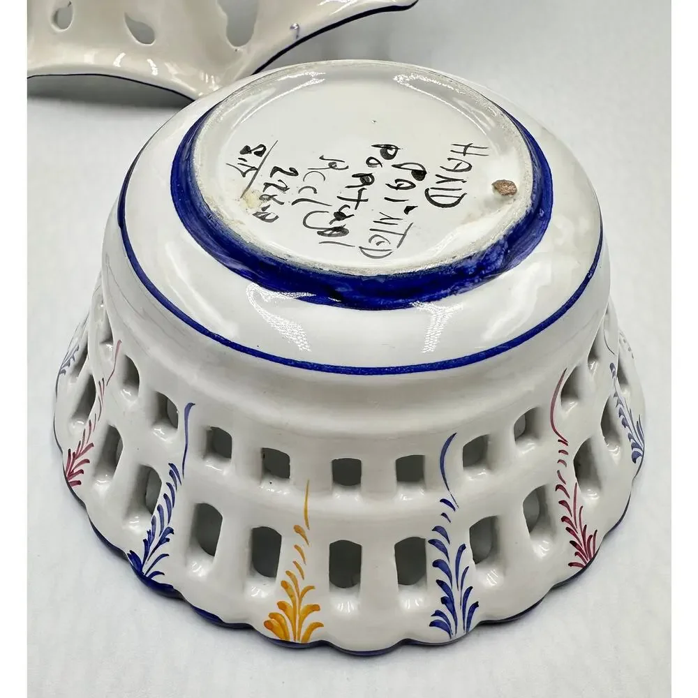 RCCL Ceramic Hand Painted Floral Fruit Basket Braided Handle & Bowl Set Portugal